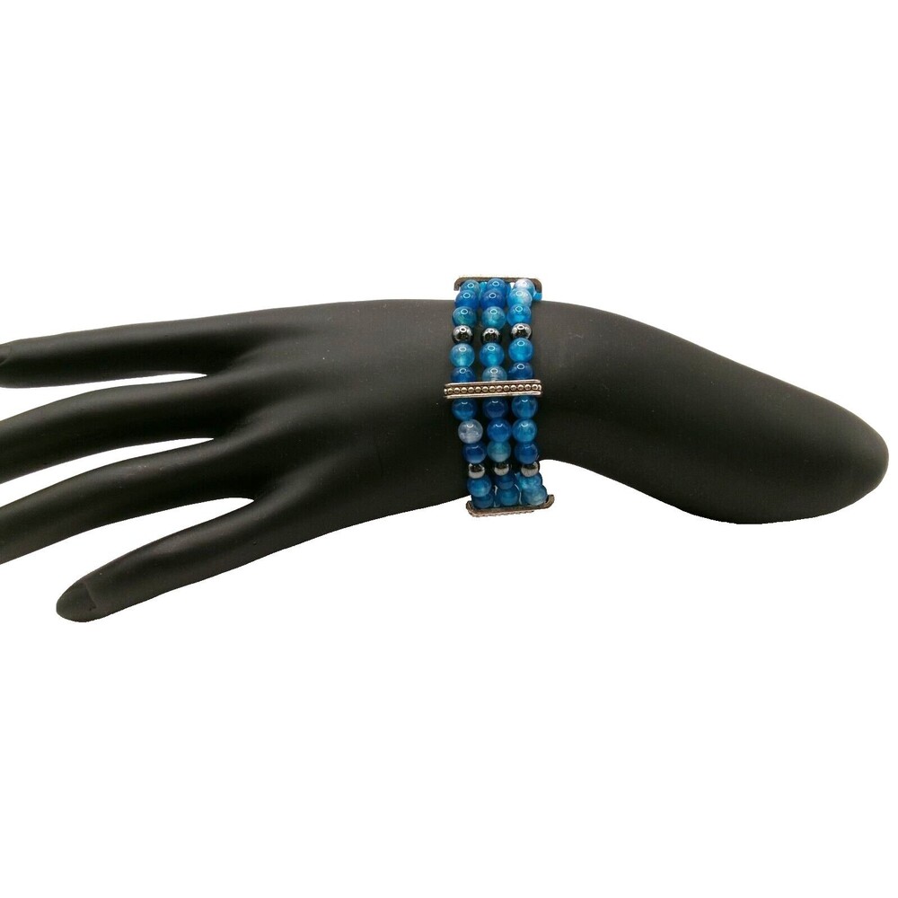 Blue Agate Beaded Bracelet 3 Strands Hematite Silver & Gold Tone Handmade 6.5"